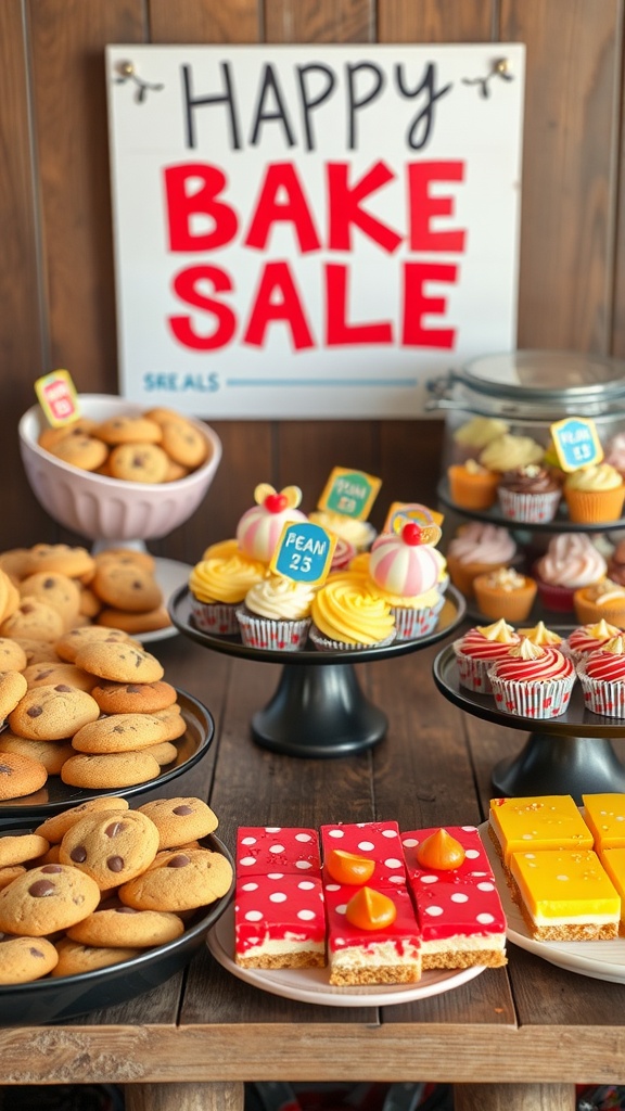 A table filled with an assortment of baked goods for a bake sale, including cookies, cupcakes, and lemon bars.